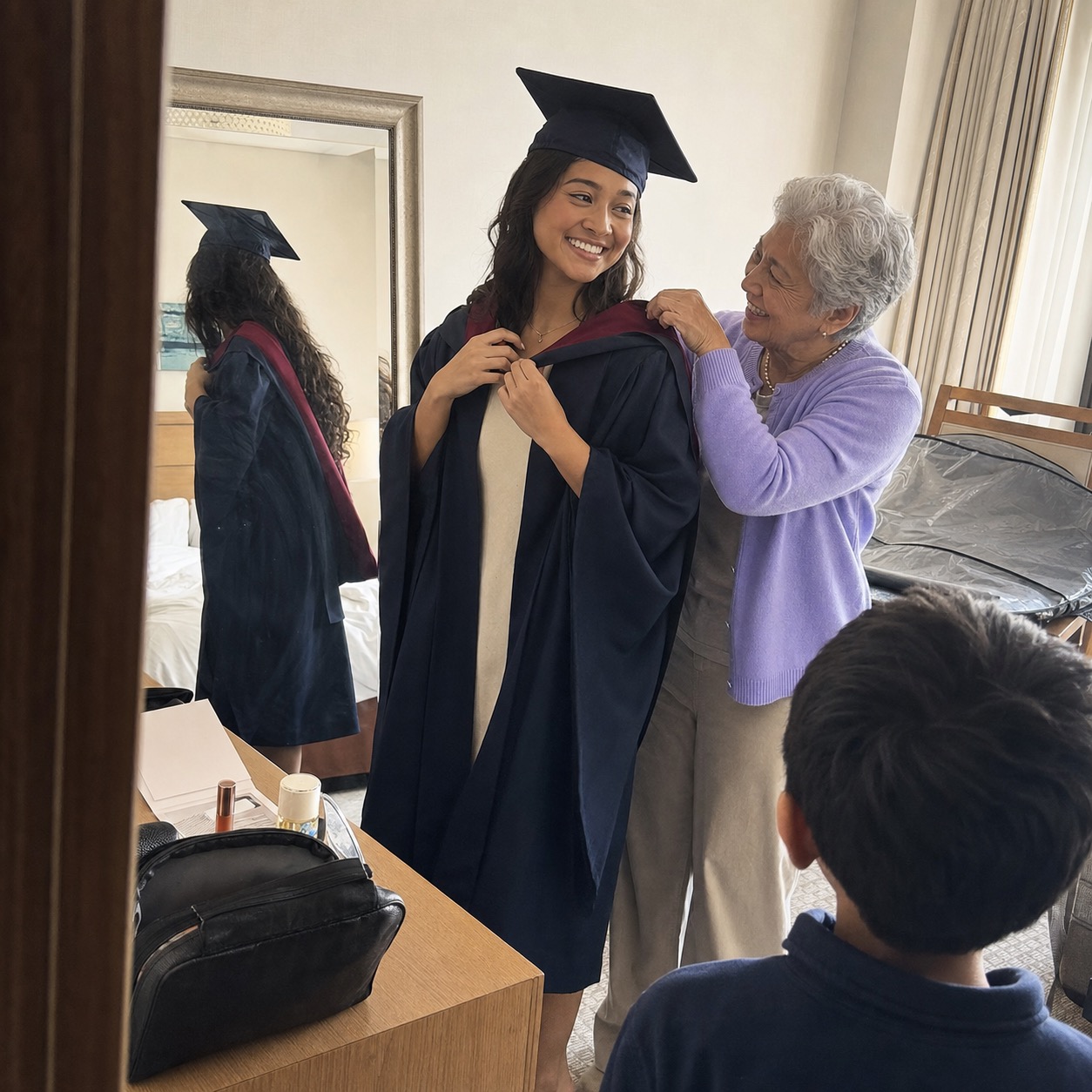 A graduate preparing for the day