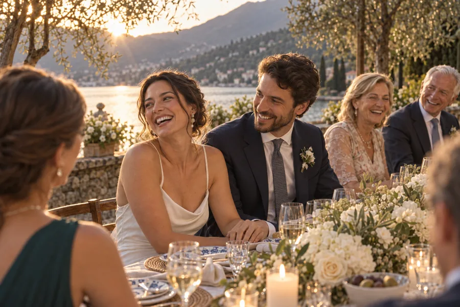 AI-generated bride, groom and guests sharing a lakeside wedding dinner.