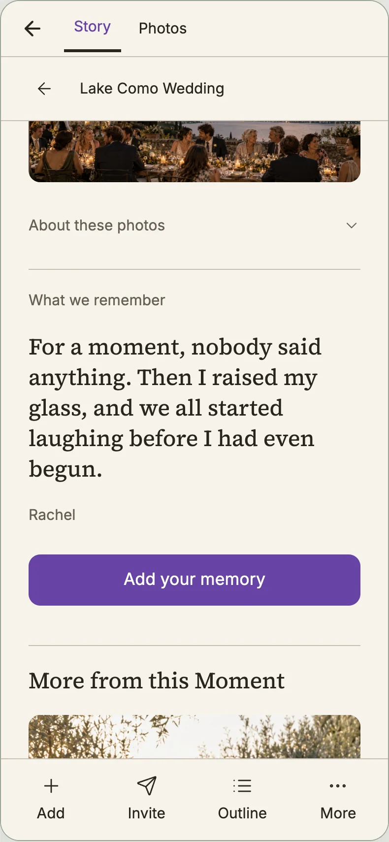 Design preview: a Moment with Rachel’s authored Memory and its photographs.