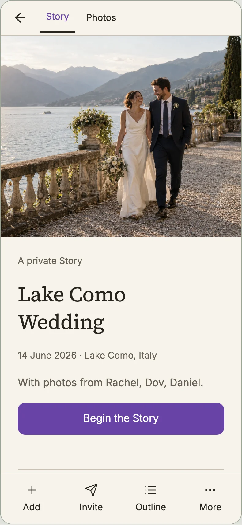 Design preview: Lake Como Wedding Story opening, cover photo and Add, Invite, Outline, More bar.